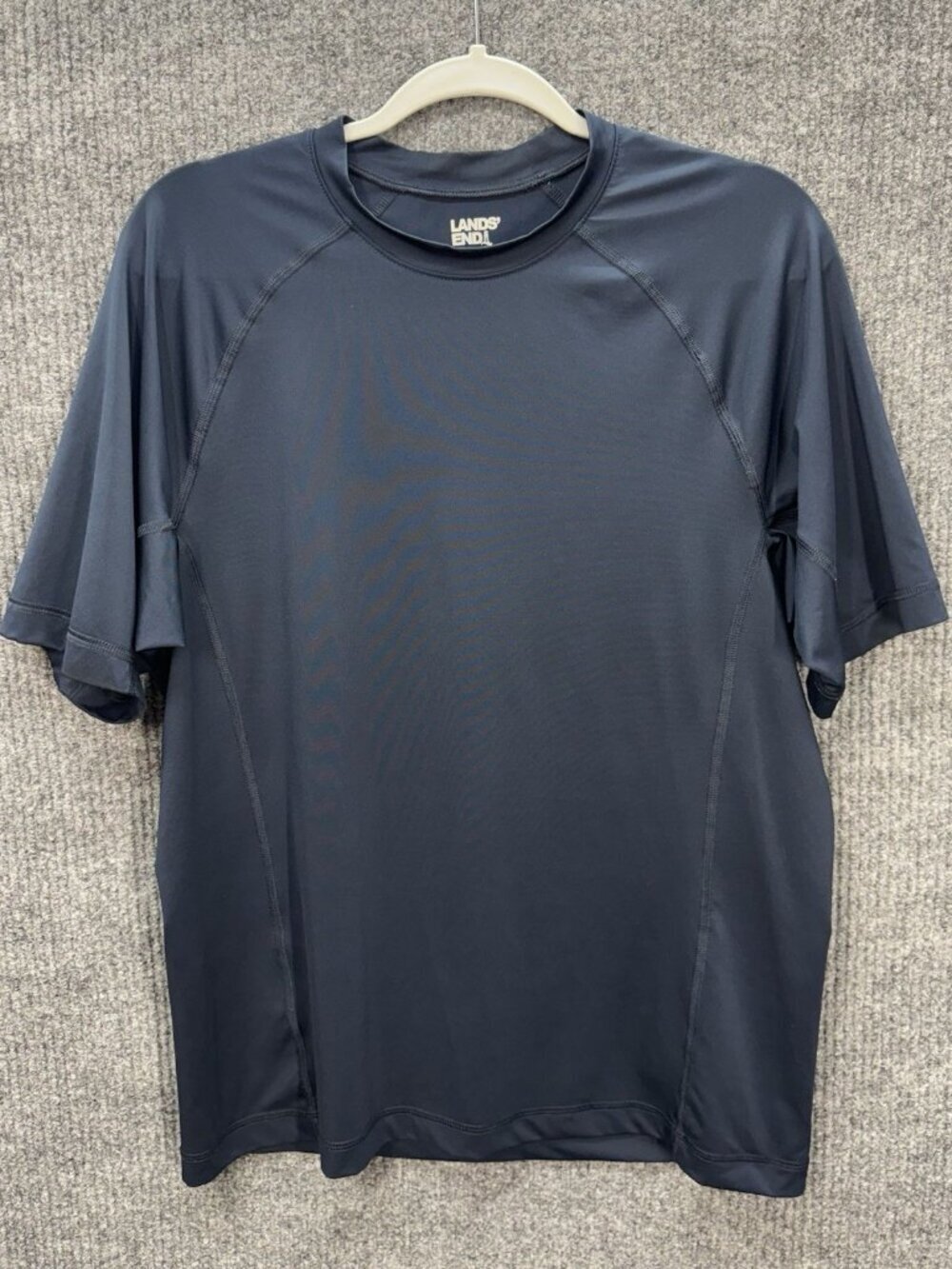 Lands End Swim Shirt Mens Medium Navy Blue Rash Guard Short Sleeve UPF 50 506939